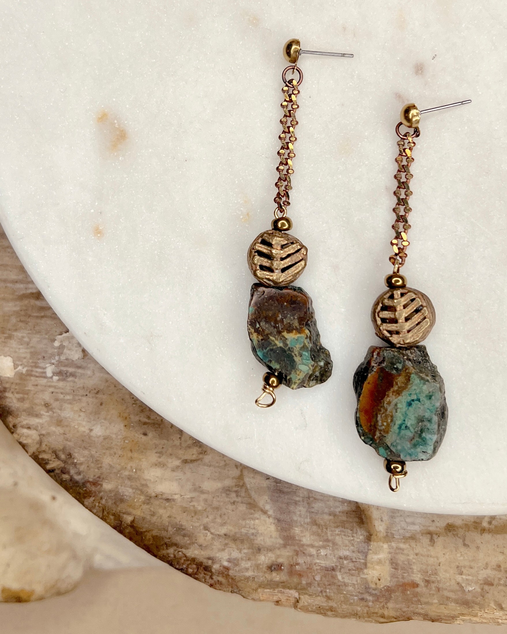 Turquoise & Brass Slab Dangles