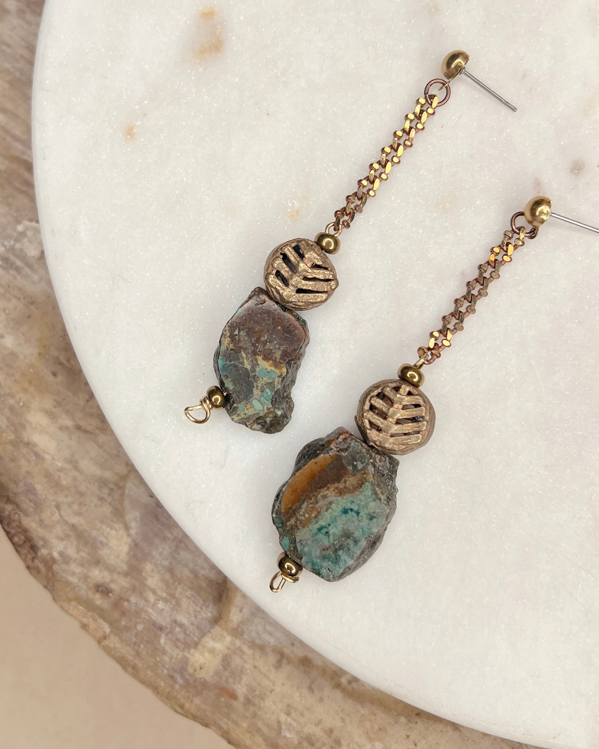 Turquoise & Brass Slab Dangles