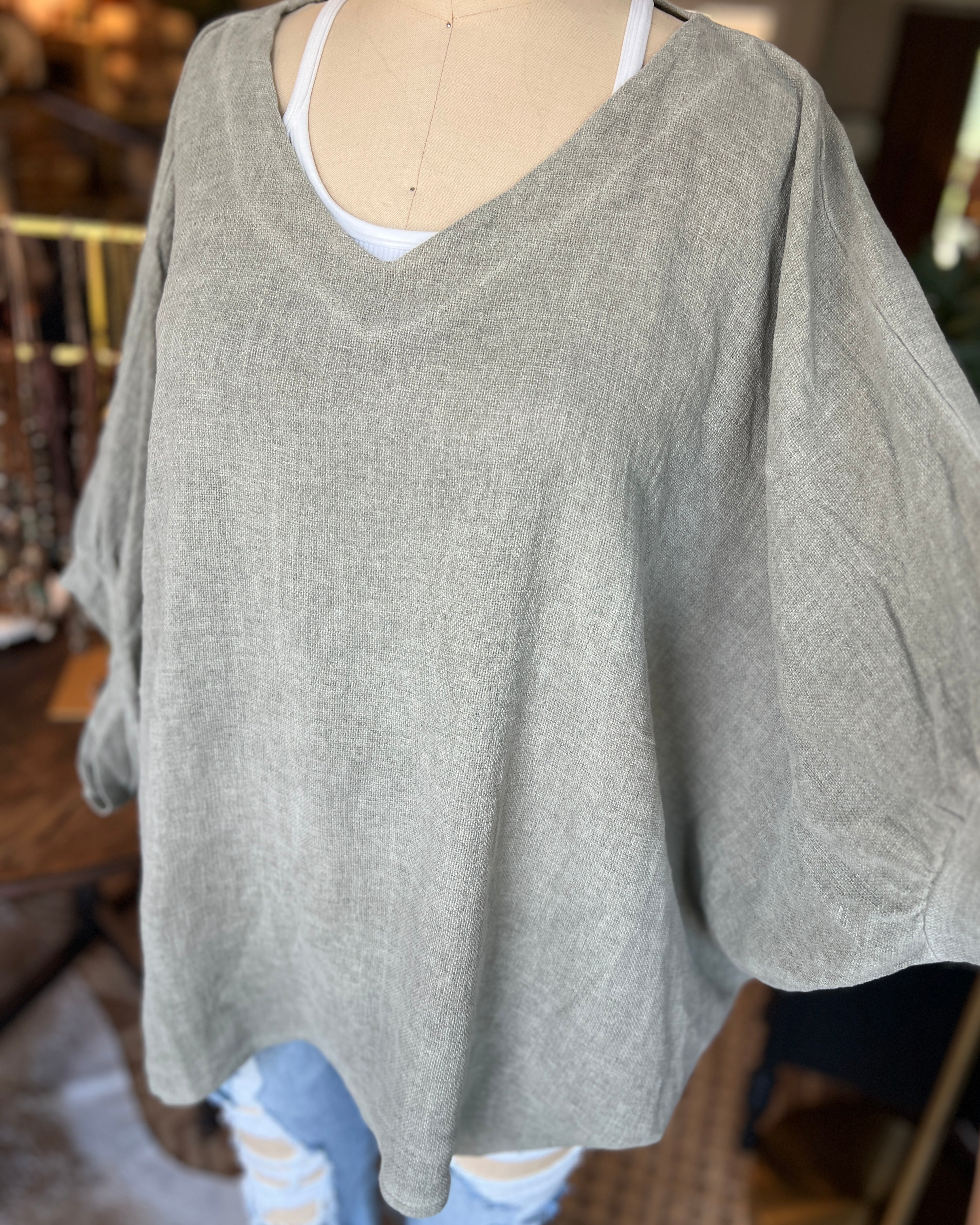 Oversized Balloon Sleeve Blouse (Khaki)