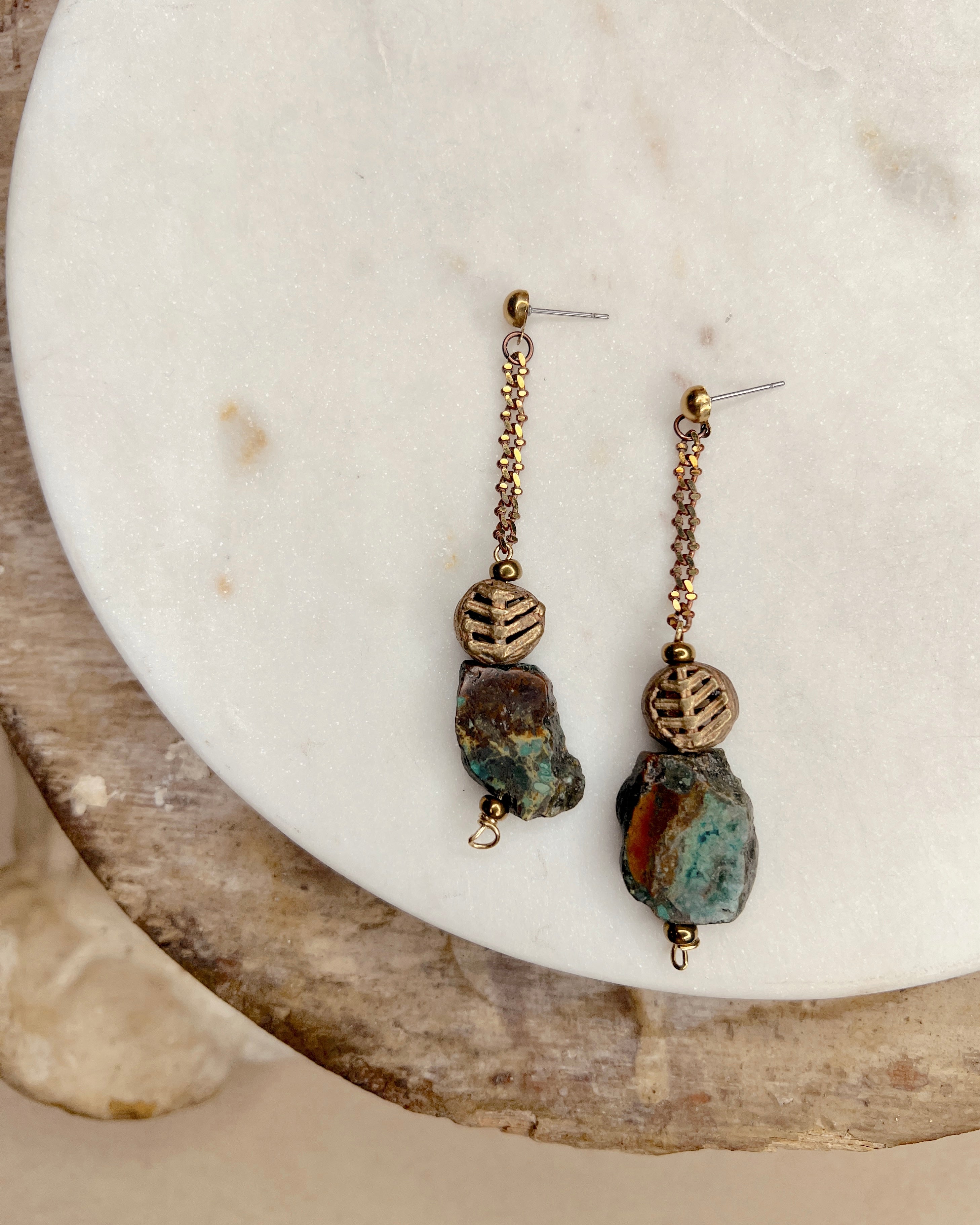 Turquoise & Brass Slab Dangles
