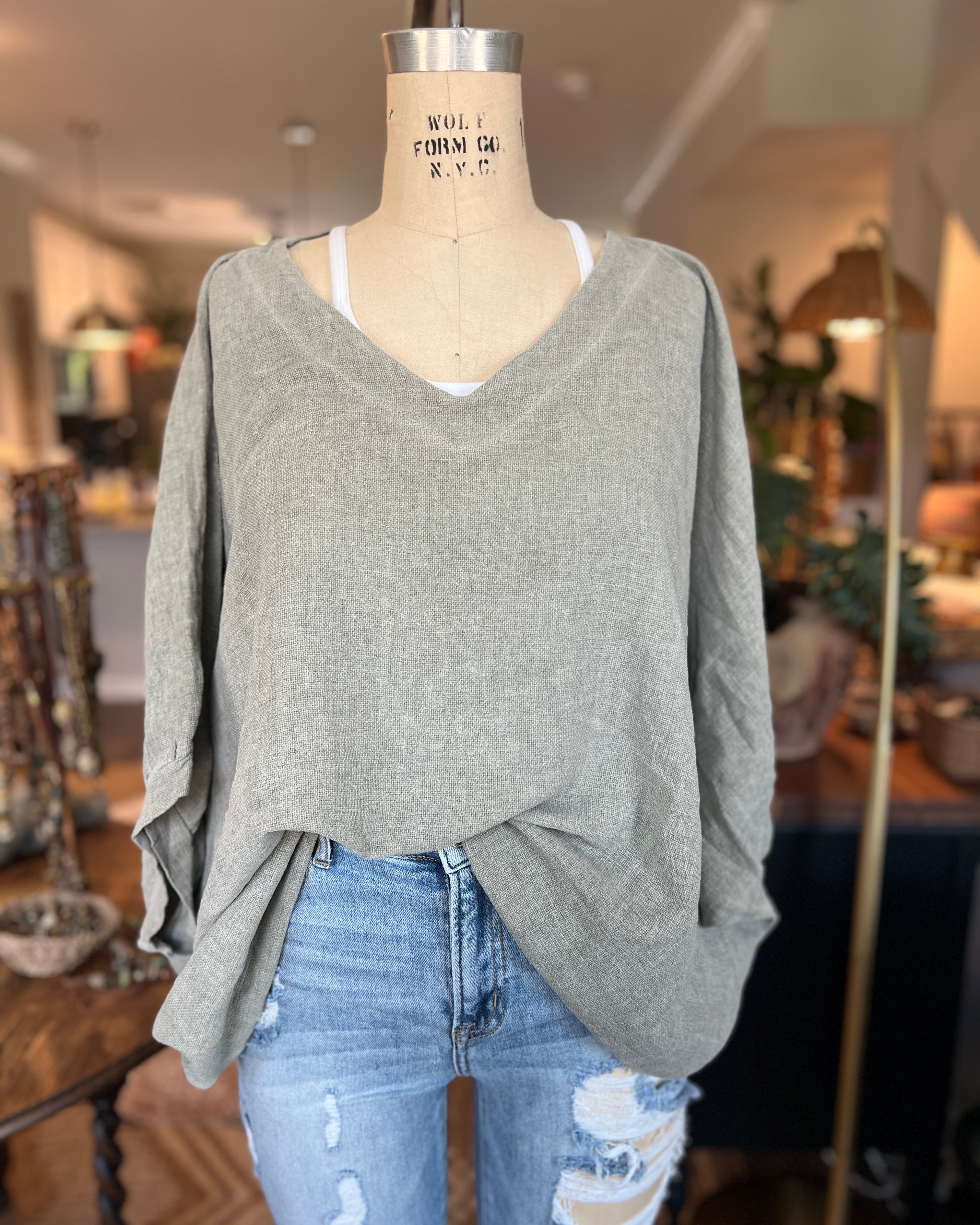 Oversized Balloon Sleeve Blouse (Khaki)