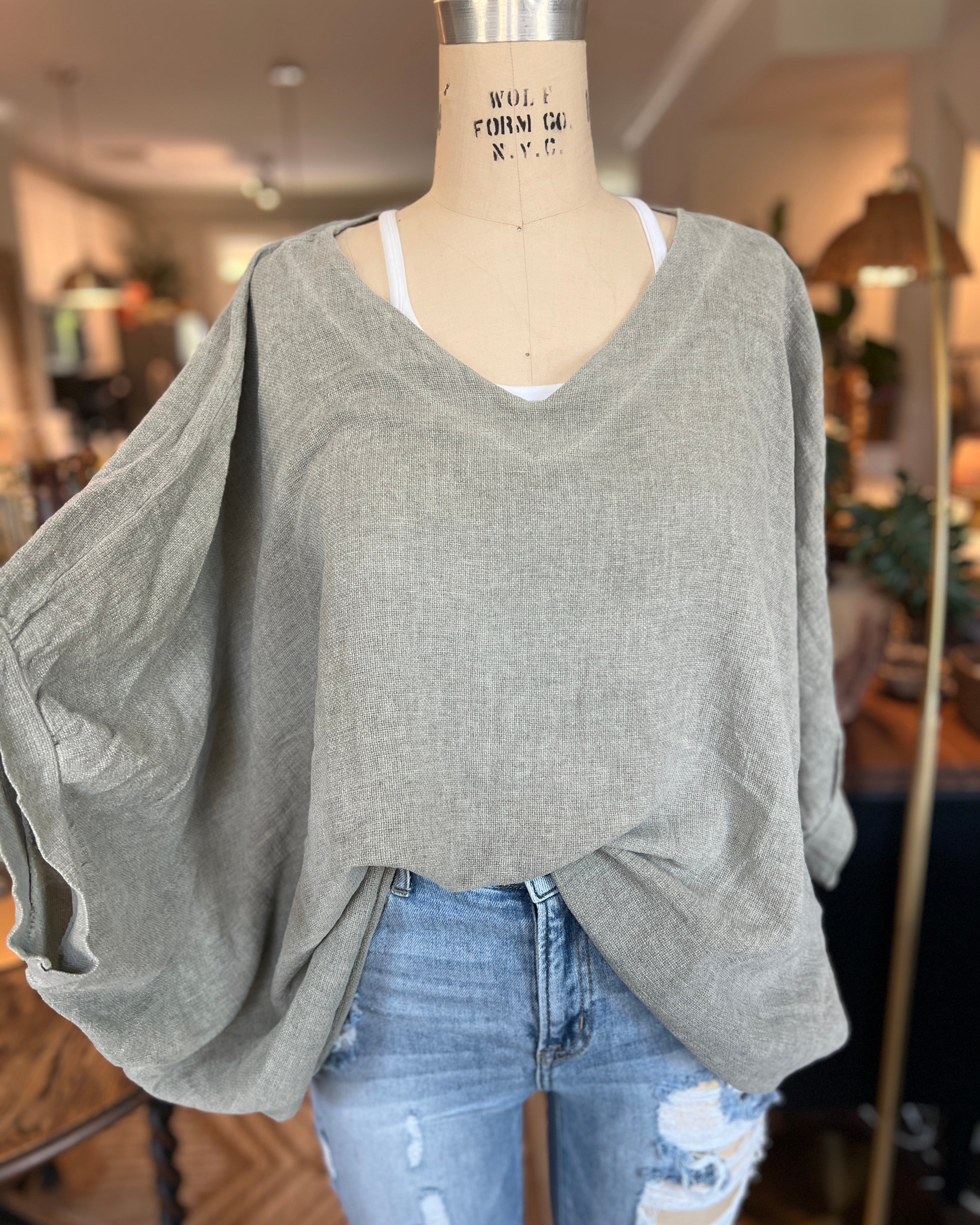 Oversized Balloon Sleeve Blouse (Khaki)