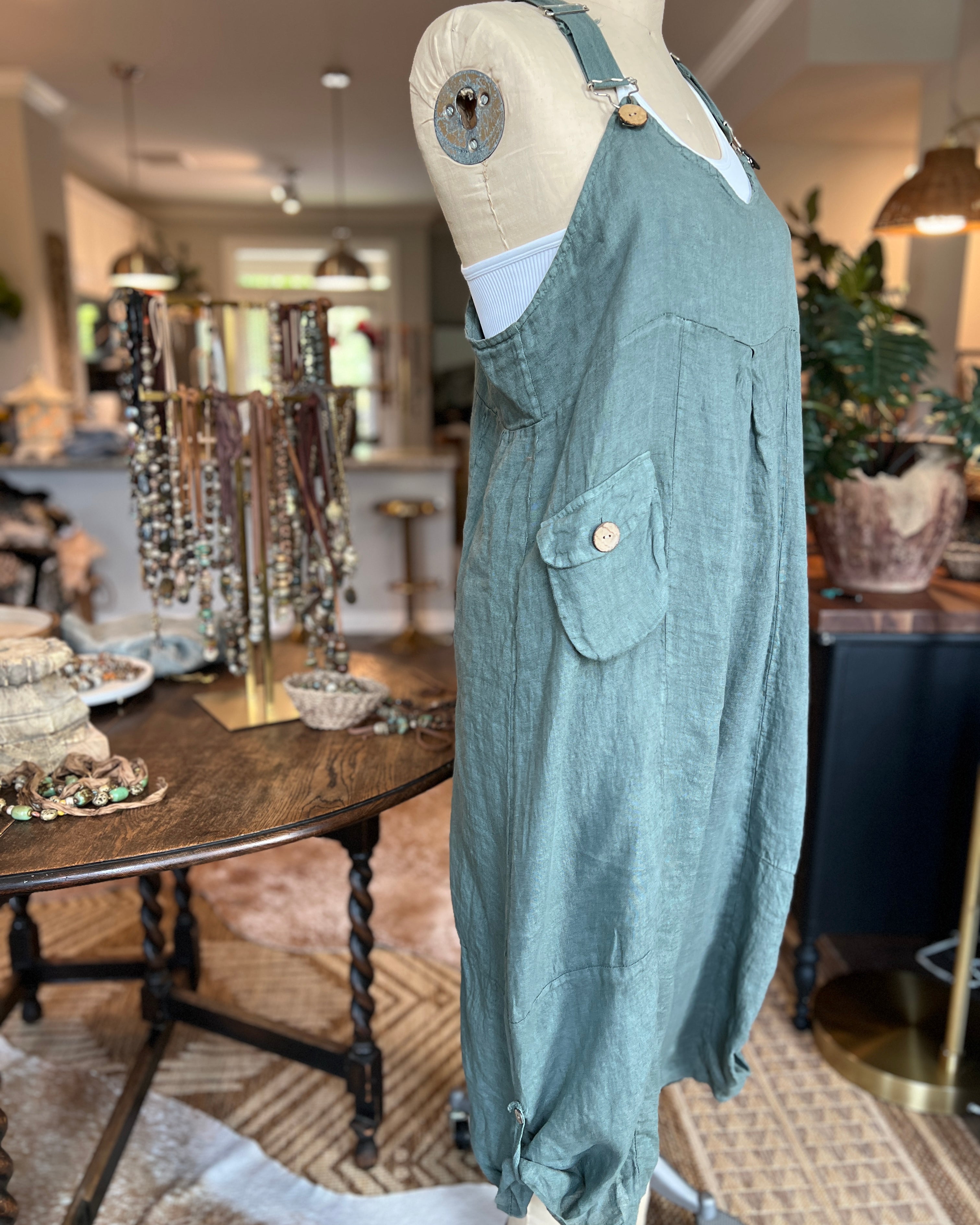 Bohemian Linen Bibs (Blue Green)