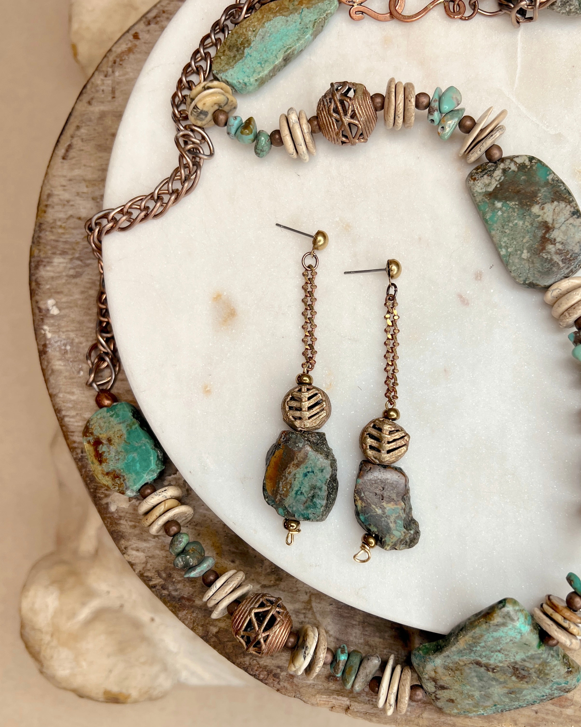 Turquoise & Brass Slab Dangles